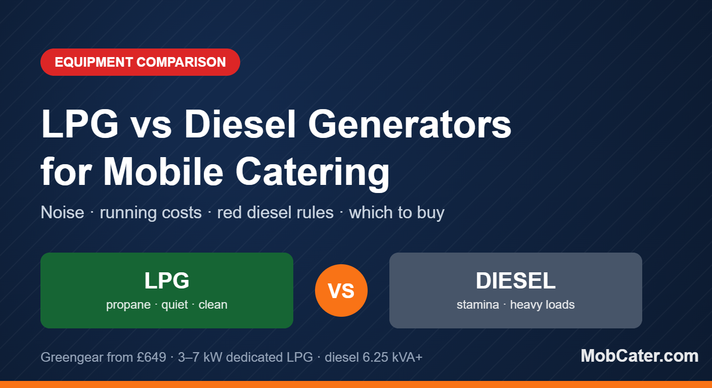 LPG vs diesel generator comparison for UK mobile catering — Greengear propane generators from £649 against diesel sets
