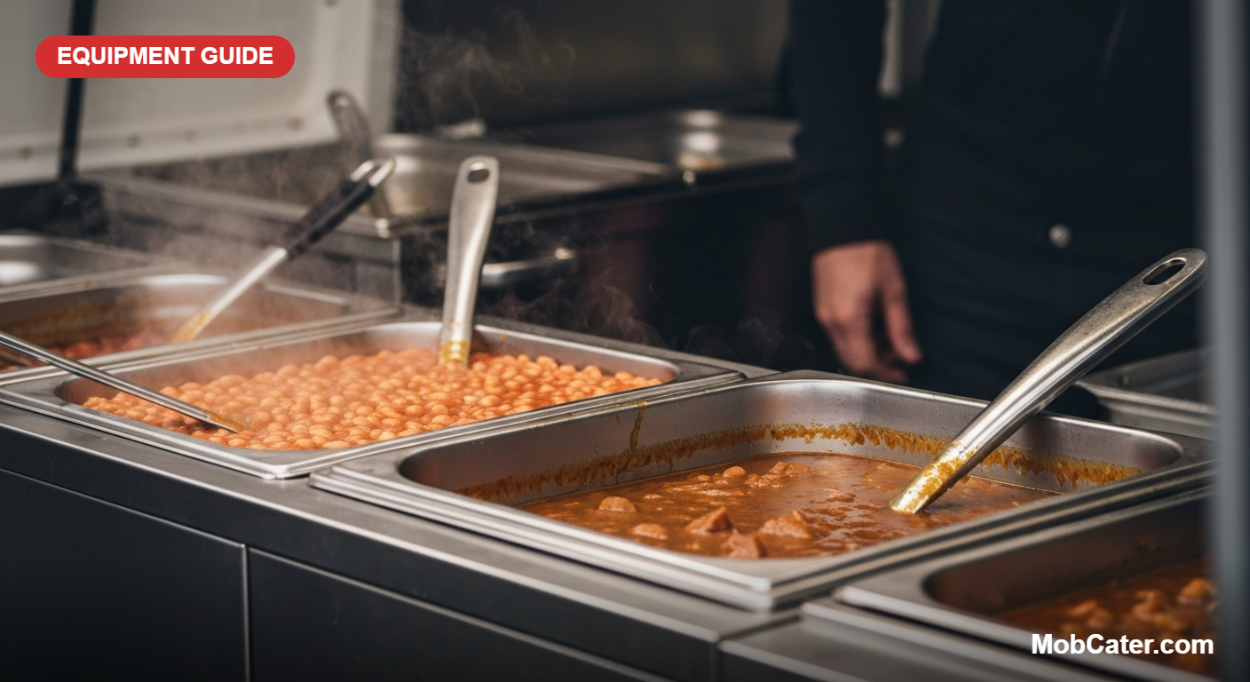 LPG wet bain marie with gastronorm pots holding hot food in a UK food van