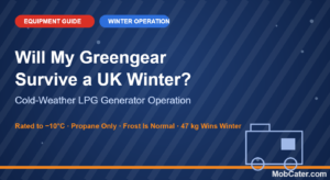Greengear LPG generator cold weather operation guide — rated to −10°C for UK winter mobile catering