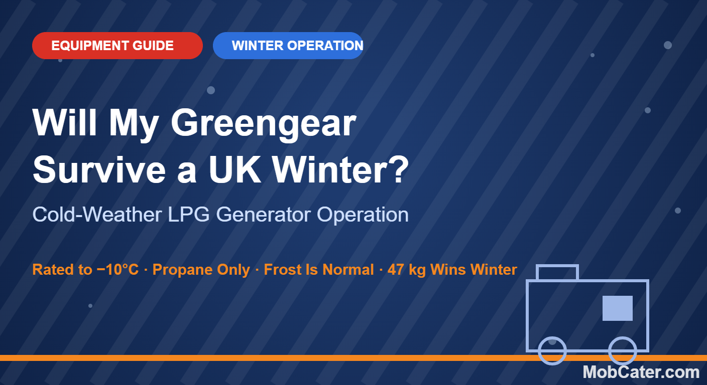Greengear LPG generator cold weather operation guide — rated to −10°C for UK winter mobile catering