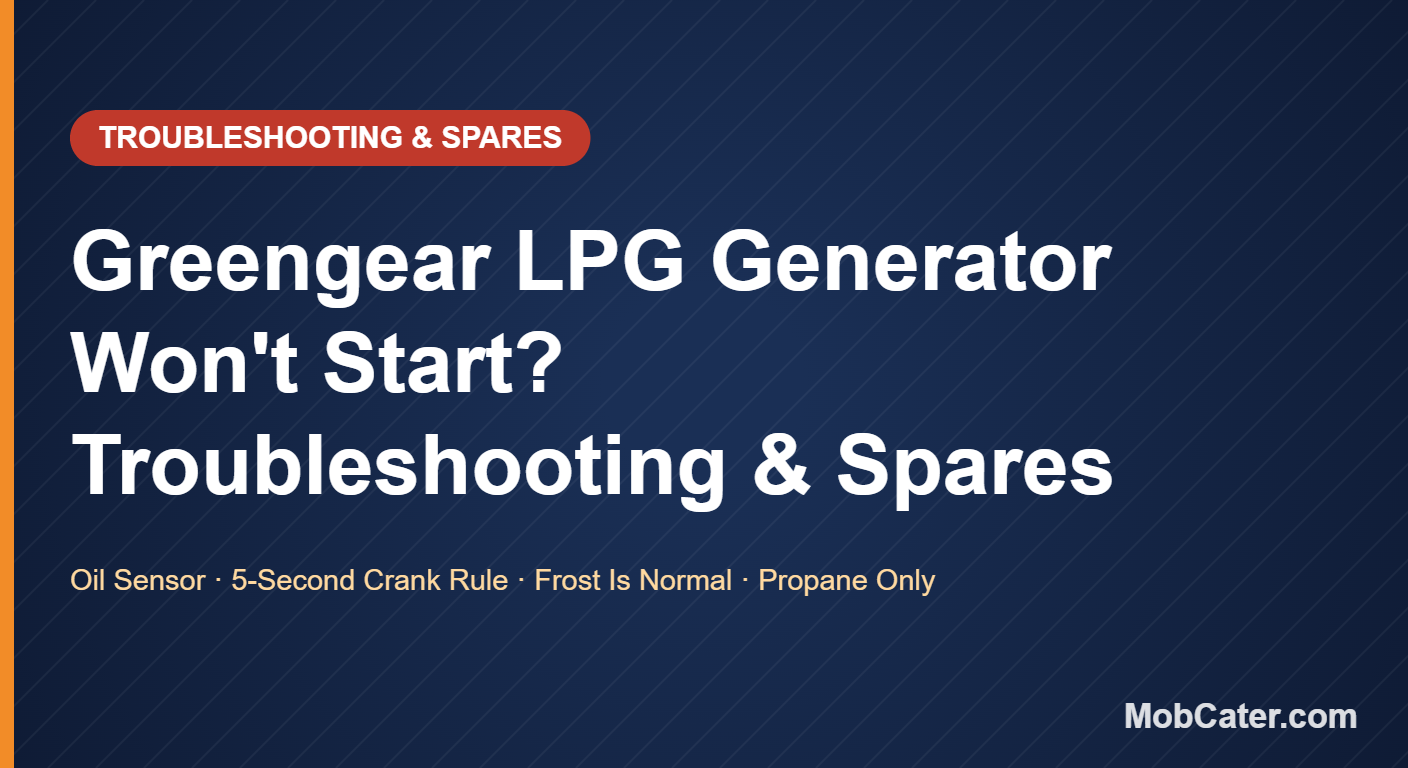 Greengear LPG generator troubleshooting guide cover — oil sensor, 5-second crank rule, frost is normal, propane only