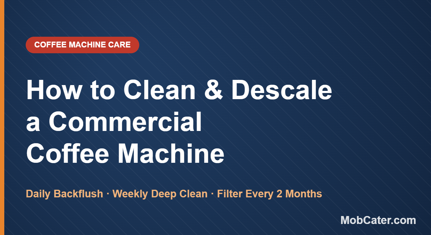 How to clean and descale a commercial coffee machine — daily backflush, weekly deep clean and water filter change every 2 months