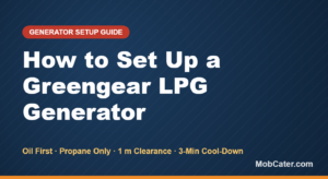 How to set up a Greengear LPG generator safely — branded guide hero showing oil first, propane only, 1 m clearance and 3-minute cool-down
