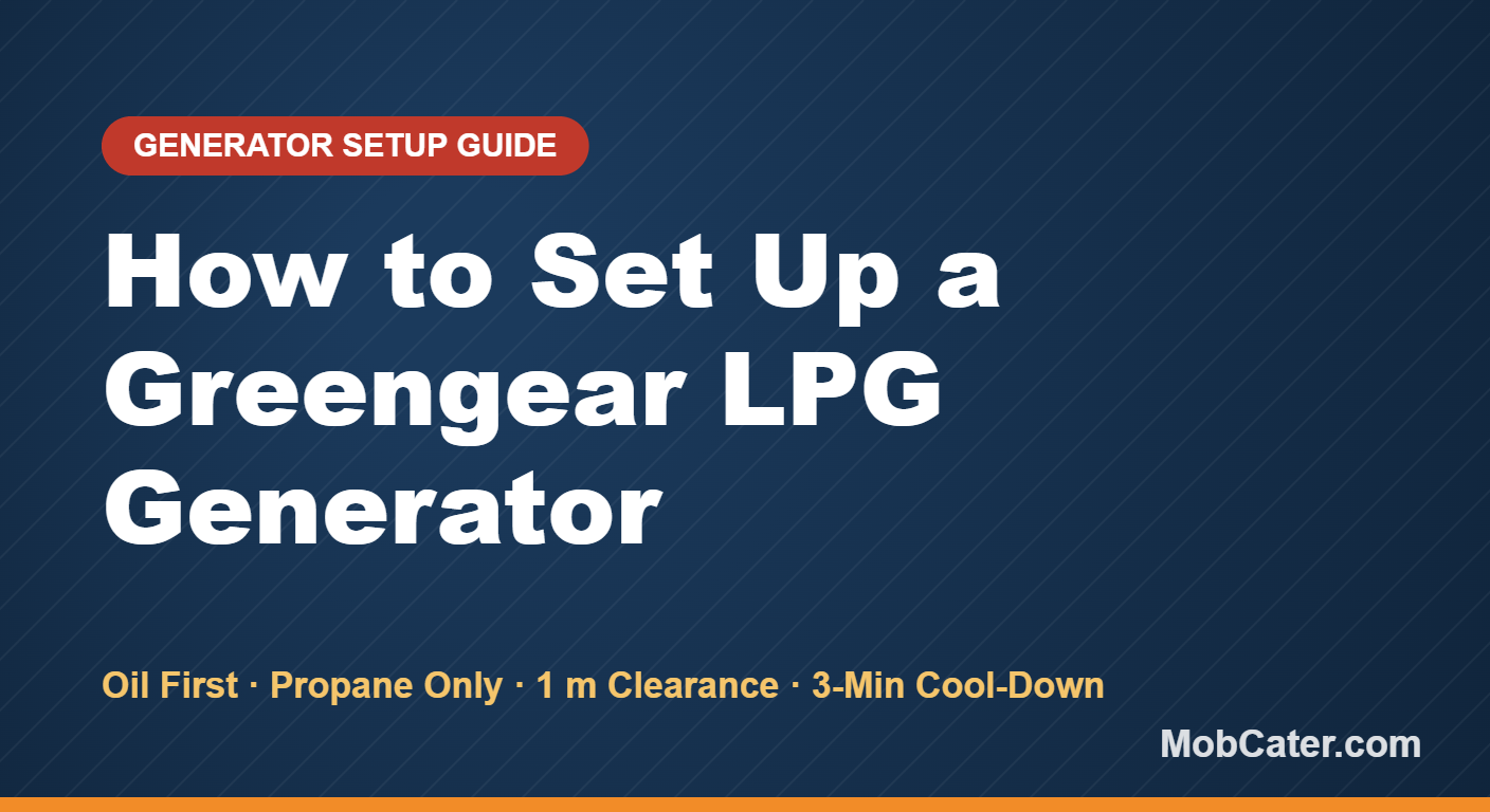 How to set up a Greengear LPG generator safely — branded guide hero showing oil first, propane only, 1 m clearance and 3-minute cool-down