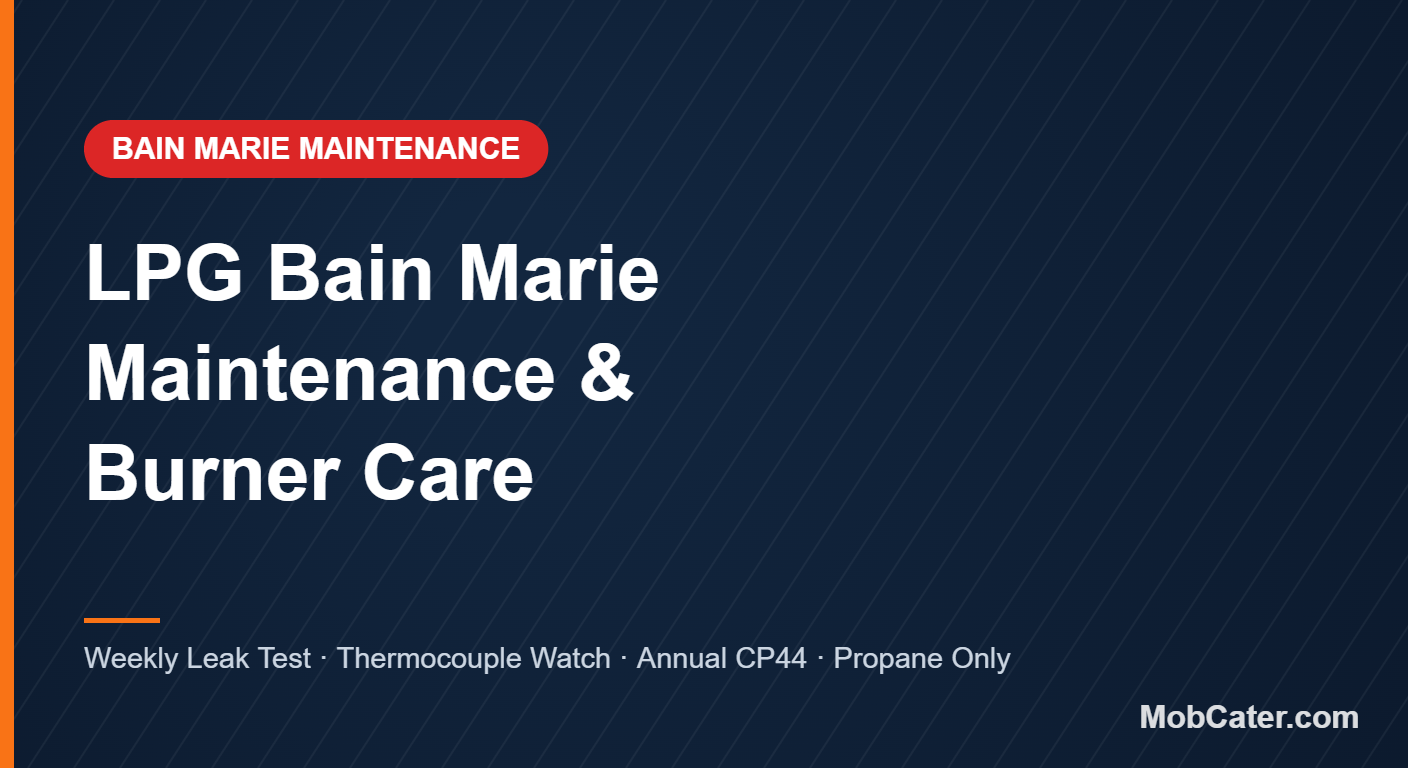 LPG bain marie maintenance guide — weekly soapy-water leak test, thermocouple and burner care, vents and clearances, annual CP44 gas safety certificate