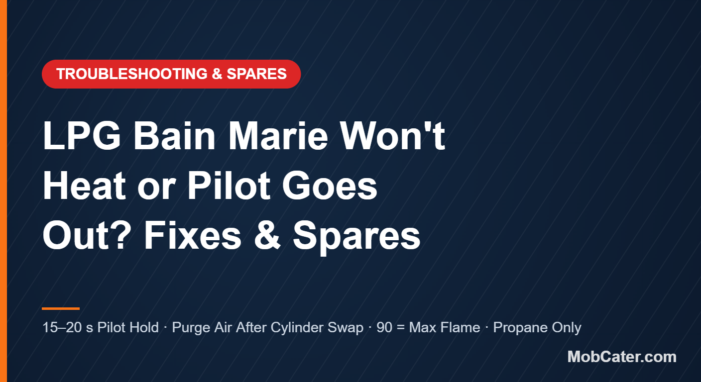 LPG bain marie troubleshooting guide — failed ignition, pilot dies on release, water not hot enough, safe owner checks and spares