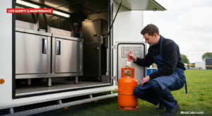 Mobile caterer leak-testing a propane regulator on a catering trailer during a daily LPG safety check