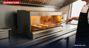 Commercial gas salamander grill melting cheese on burgers in a UK food van, chef reaching in with tongs