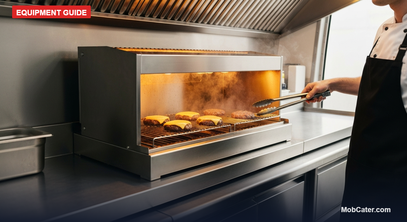 Commercial gas salamander grill melting cheese on burgers in a UK food van, chef reaching in with tongs