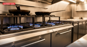 Commercial propane oven range burning in a UK mobile catering trailer, six burners lit under pans