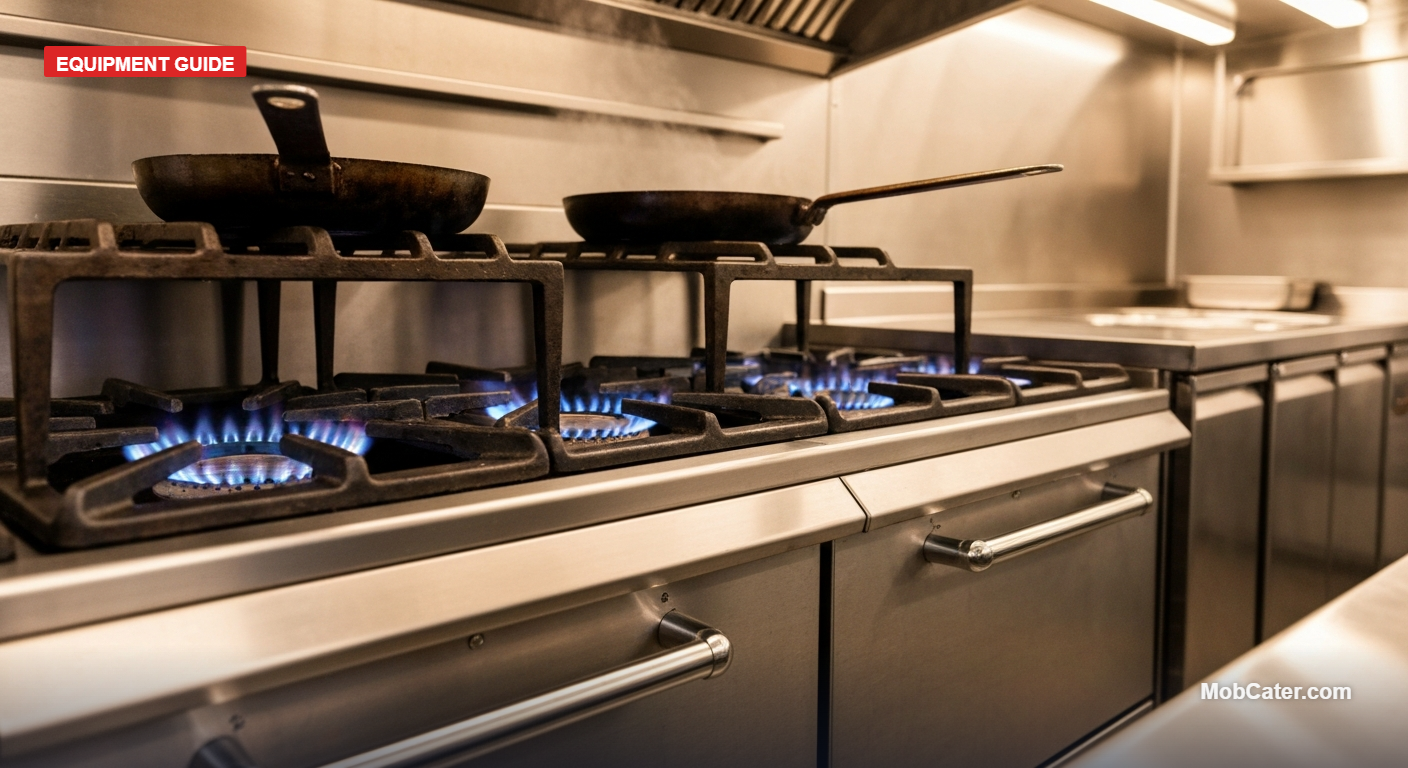 Commercial propane oven range burning in a UK mobile catering trailer, six burners lit under pans