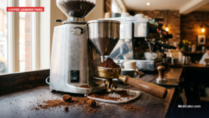 Commercial coffee grinder with clumpy ground coffee and static scattered grounds across a coffee shop counter
