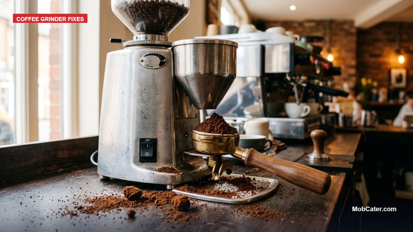 Commercial coffee grinder with clumpy ground coffee and static scattered grounds across a coffee shop counter