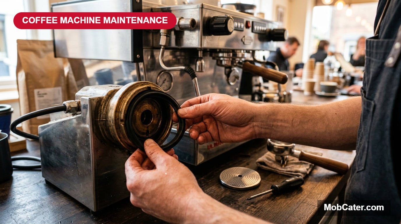 Barista fitting a new group head seal into a commercial espresso machine, with a replacement shower screen and screwdriver on the counter