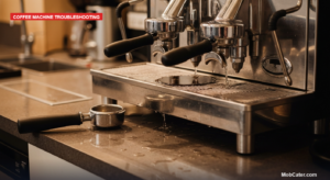 Commercial espresso machine leaking water from the group head onto a cafe counter