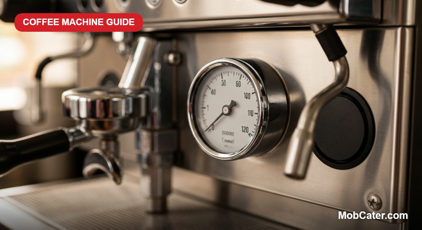 Close-up of the pressure gauge on a commercial espresso machine showing the boiler needle just above 1 bar