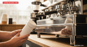 Barista holding a coffee machine water filter cartridge next to a two-group espresso machine in a UK cafe