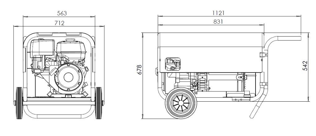 GCL6000H generator dimensions in mm: front and side elevation drawing
