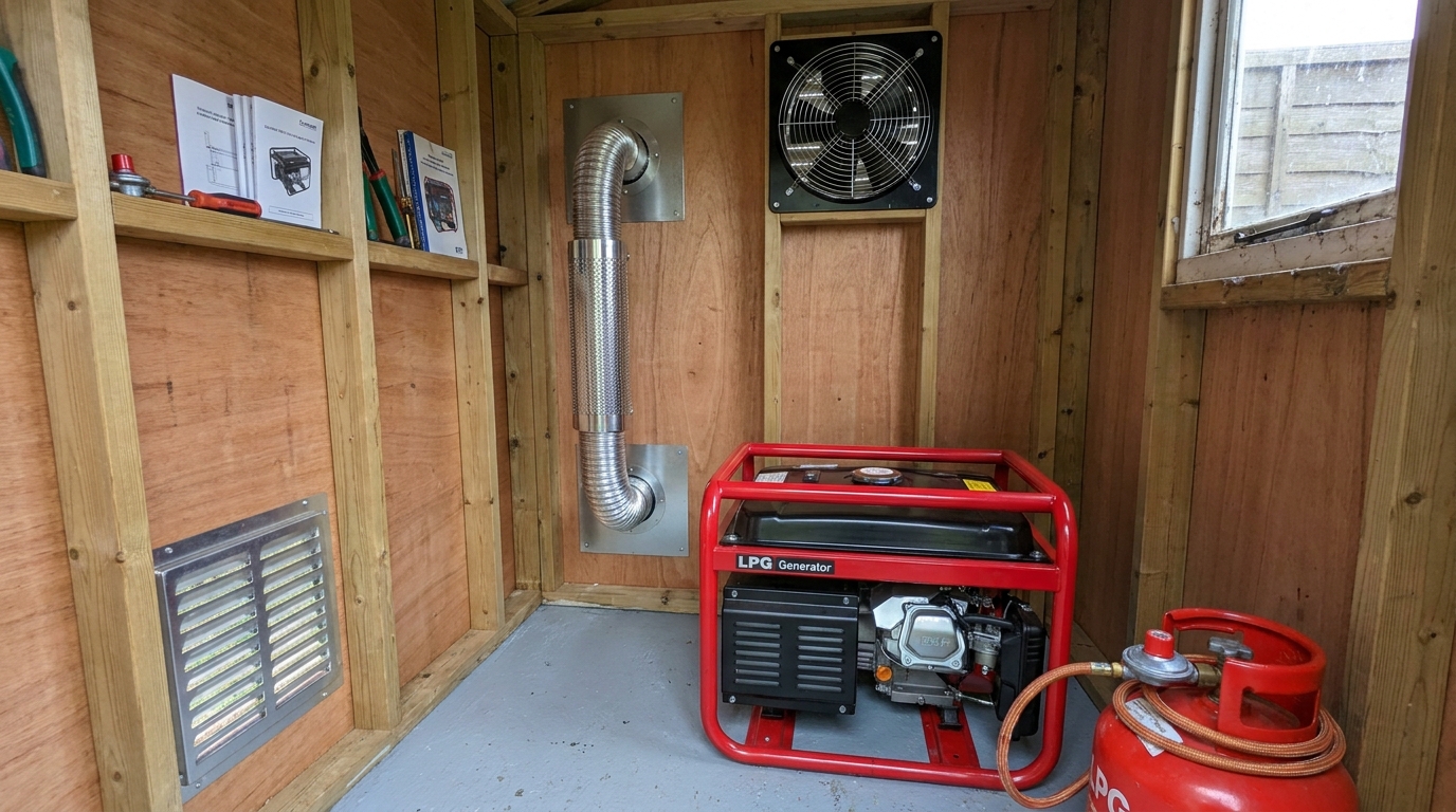 Illustration of an LPG generator installed in a shed with the exhaust extended through the wall, an axial extractor fan above and a low-level louvre air intake opposite