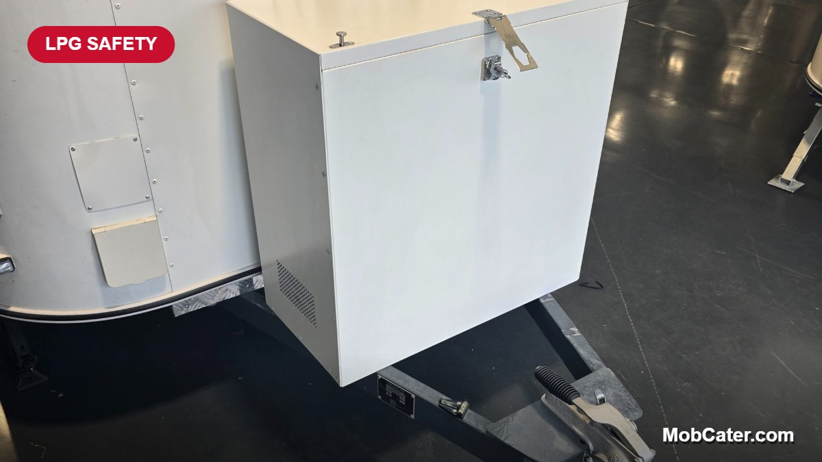 Vented steel LPG cylinder storage box bolted to the A-frame of a UK mobile catering trailer