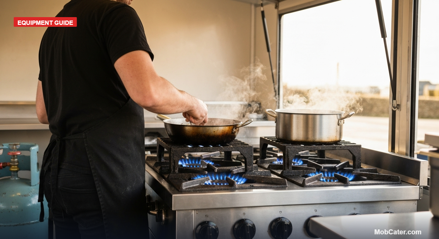 Caterer cooking on a four burner LPG hob in a UK food trailer - MobCater mobile catering equipment