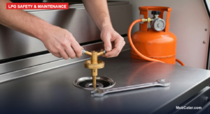 Caterer fitting a propane burner injector to a stainless steel commercial hob with an orange LPG cylinder behind, UK food trailer