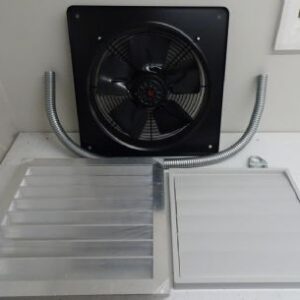 Cooling and exhaust extraction kit showing 400mm axial extractor fan, flexible ducting and louvre vent grilles