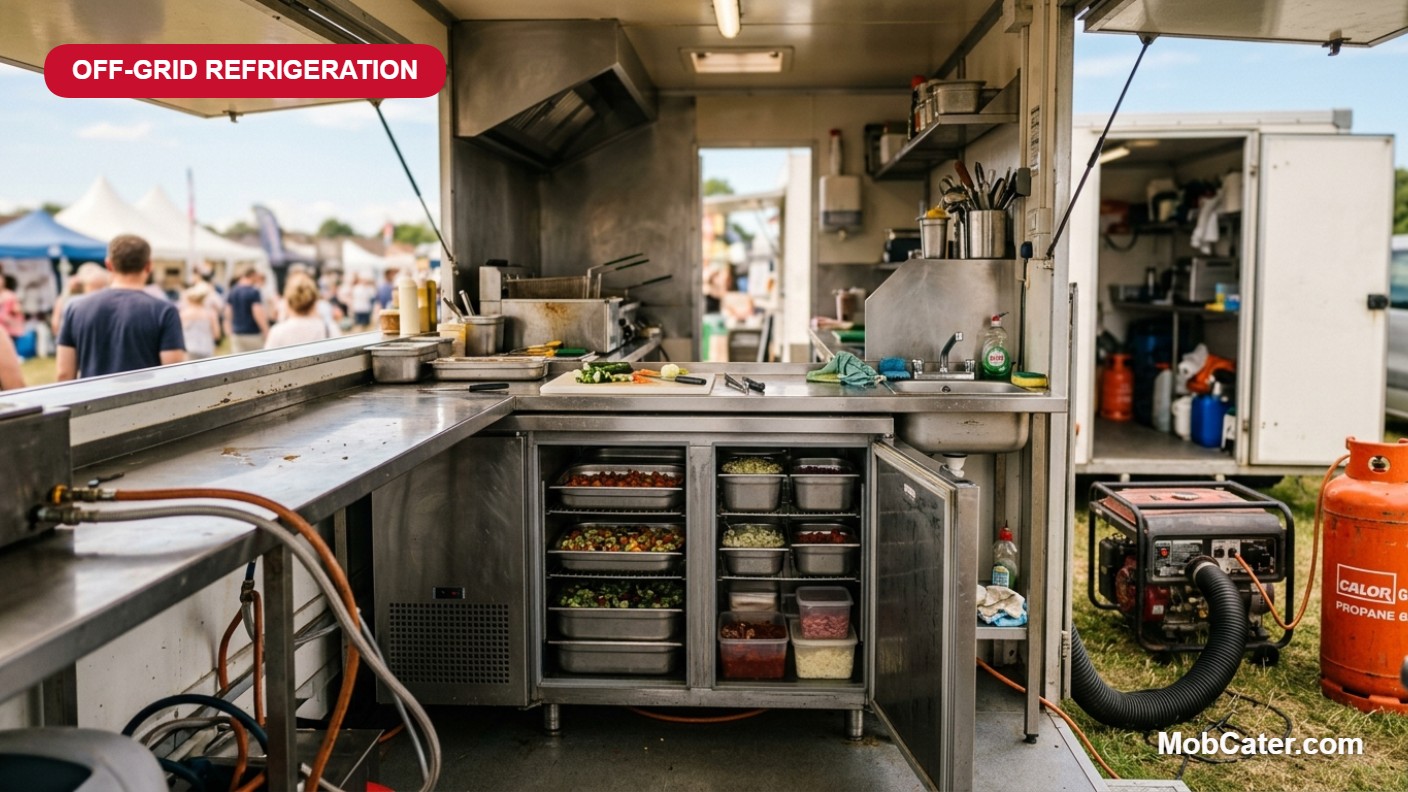 Commercial under-counter fridge stocked with chilled food inside a UK catering trailer, with an LPG generator and propane cylinder outside