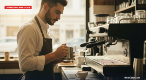 Barista using a two group commercial espresso machine in a UK coffee shop