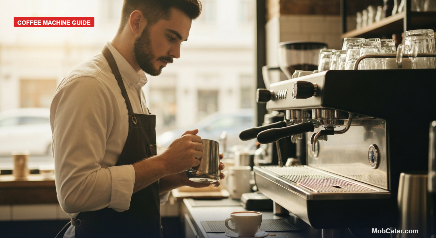 Barista using a two group commercial espresso machine in a UK coffee shop