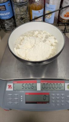 Mixing waffle batter to 500g with added oil so it releases cleanly from the Fracino MULTI cast-iron plates