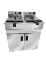 Infernus free standing electric fryer showing twin cabinet doors and castors
