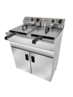 Infernus twin tank electric fryer with tank lids closed and control panels