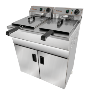 Infernus twin tank electric fryer with tank lids closed and control panels