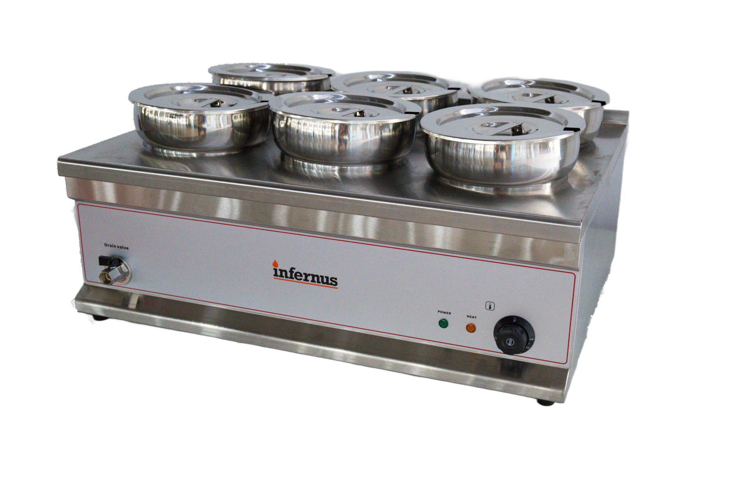 Infernus INF-6TT six pot electric bain marie with lidded round pots Infernus INF-6TT six pot electric bain marie with lidded round pots