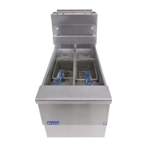 Pitco SG14TS twin tank fryer from above showing two independent tanks and baskets