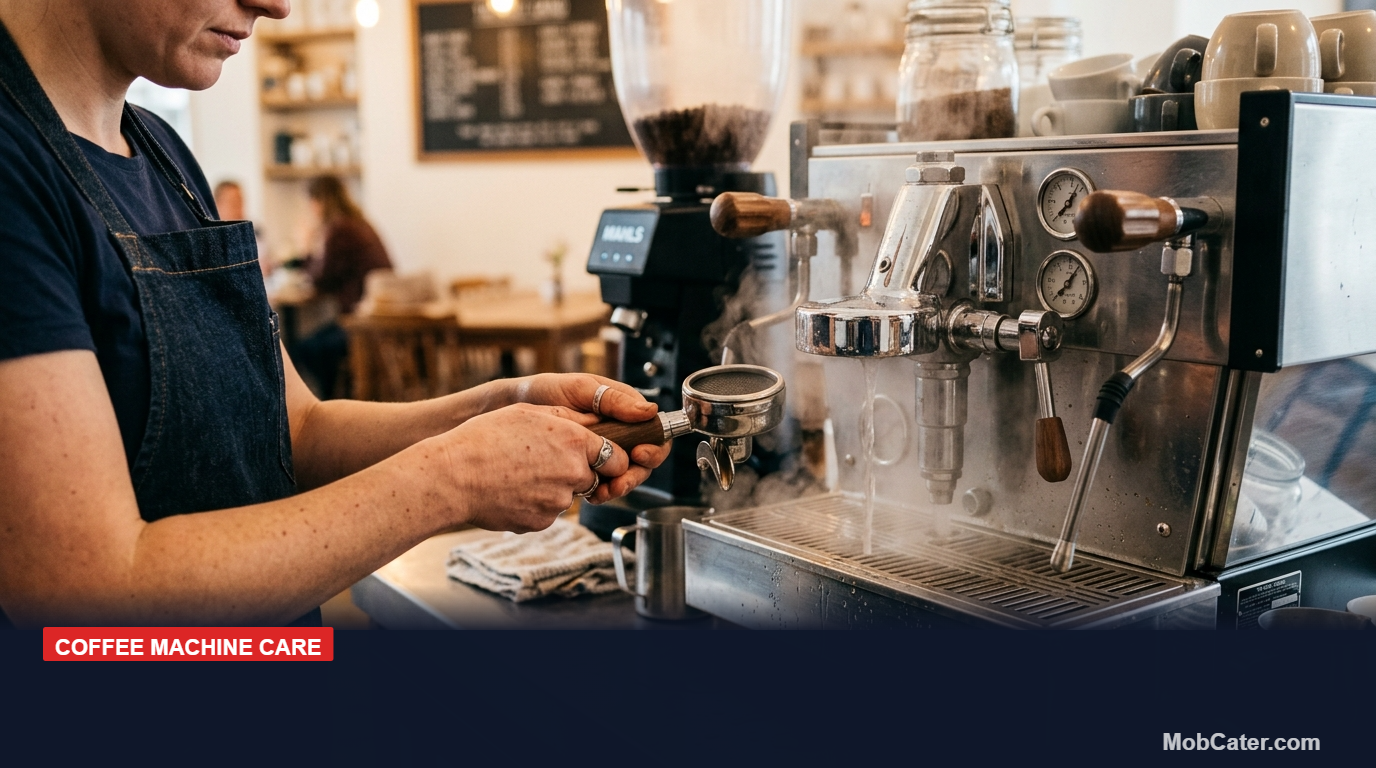 Barista backflushing a commercial espresso machine group head with a blind filter