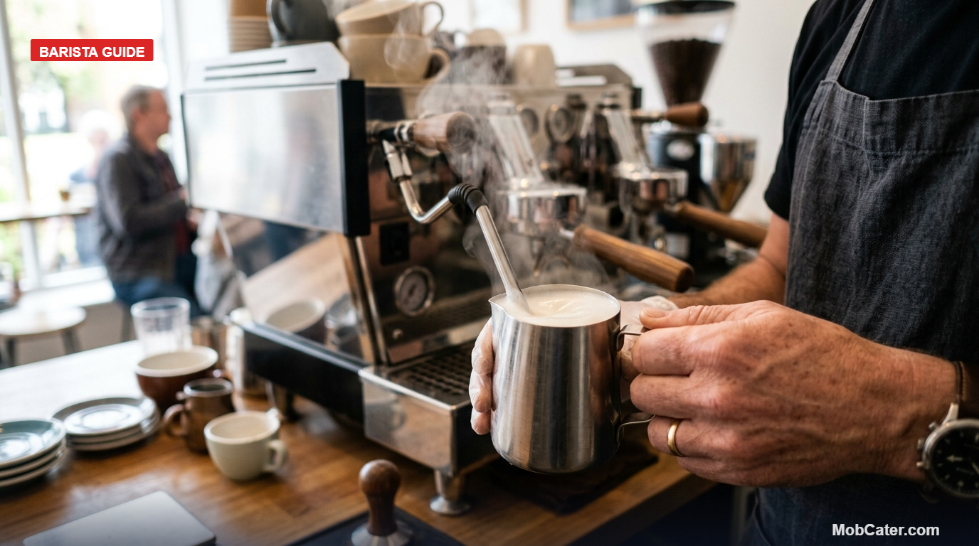 Barista steaming milk into glossy microfoam on a commercial espresso machine steam wand
