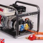 Honda GB4000HL 3.75kVA dual fuel LPG and petrol generator showing blue and yellow commando sockets