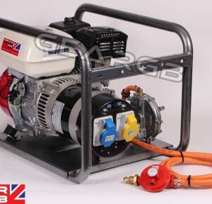 Honda GB4000HL 3.75kVA dual fuel LPG and petrol generator showing blue and yellow commando sockets