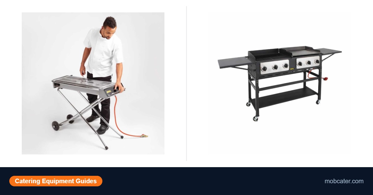 Folding propane BBQ next to a fixed 6-burner propane combi grill for event catering