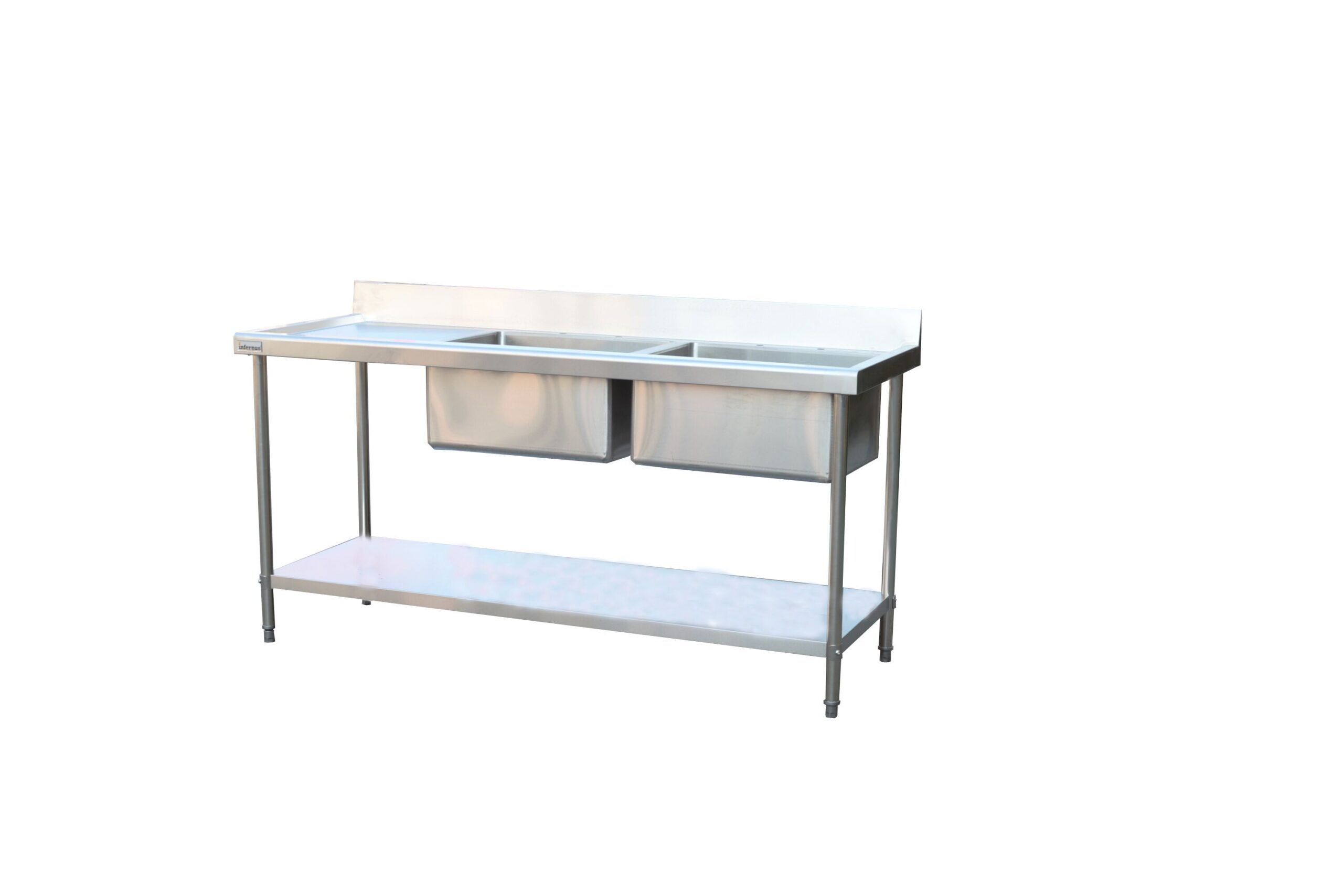 Infernus 1800mm stainless steel double bowl sink with left drainer and undershelf Infernus 1800mm stainless steel double bowl sink with left drainer and undershelf