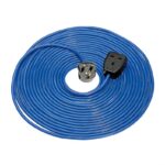 14 metre blue 13A extension lead with three-pin plug and single socket, coiled
