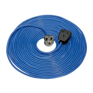 14 metre blue 13A extension lead with three-pin plug and single socket, coiled