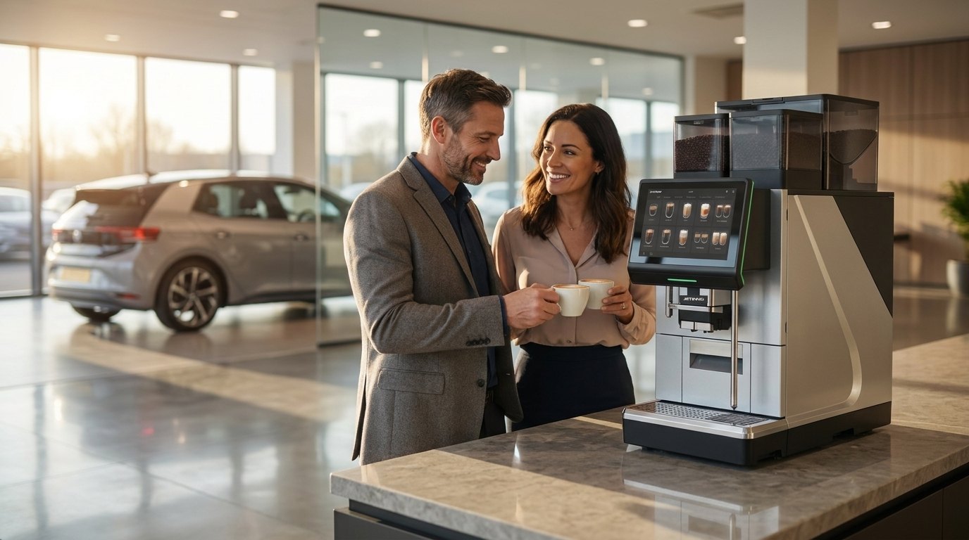 Couple taking flat whites from a Jetinno JL38A-S3 coffee machine in a car showroom customer lounge