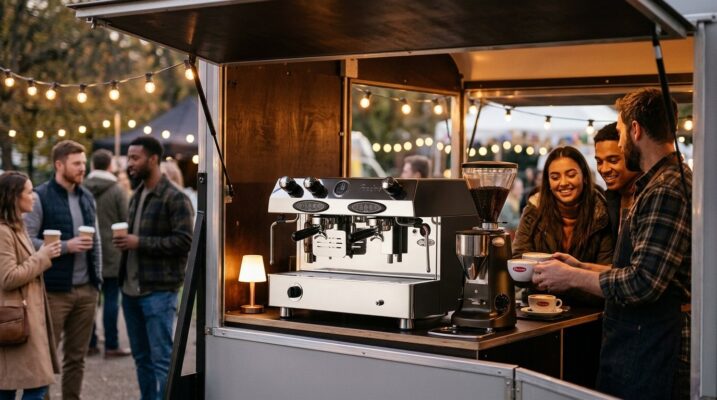 Barista serving cappuccinos from a Fracino Contempo dual fuel 2-group espresso machine in a coffee trailer at an evening event