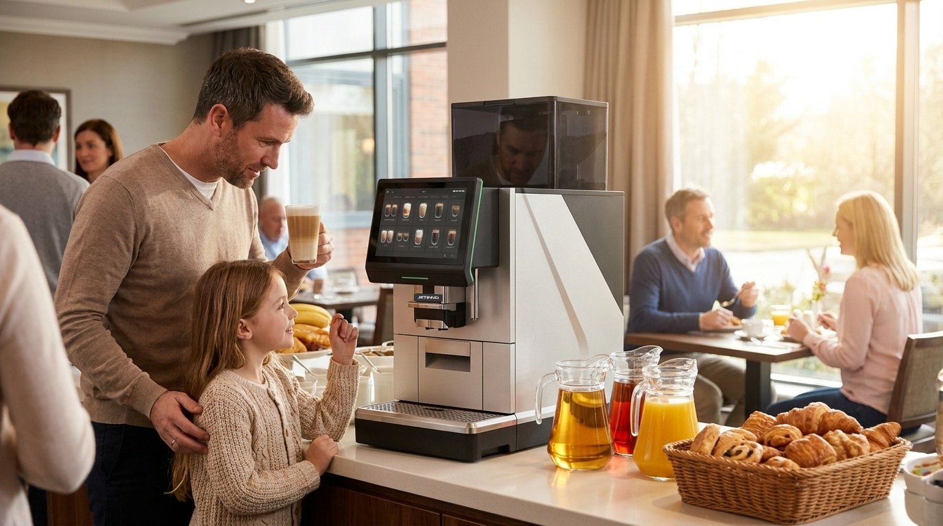 Father and daughter at a Jetinno JL38B bean to cup coffee machine on a hotel breakfast buffet