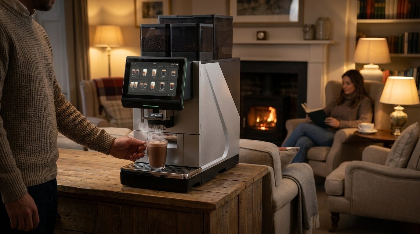 Guest collecting a hot chocolate from a Jetinno JL37C coffee machine in a hotel residents lounge