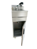 Infernus INF-161FS electric fryer with cabinet door open showing drain valve