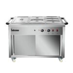 Infernus 121.5cm hot cupboard with bain-marie top, front view with lids